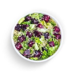 A vibrant salad featuring beetroot, quinoa, and mixed greens, perfect for a healthy meal.
